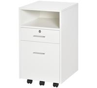 Vinsetto Caisson de Bureau Porte-Documents avec 2 Tiroirs et Étagère Ouverte, Meuble de Bureau en Bois avec 5 Roulettes, Serrure et 2 Clés, 39x40x65 cm, Blanc