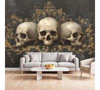 Vintage Baroque Papier Peint Panoramique Tête de Mort Fleurs Gothiques | Papier Peint Poster Mural Intissé 200x140 cm pour Salon Chambre Bureau, Personnalisé Décoration Murale, Facile À Poser
