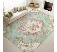 Vintage Classique Luxueux Élégant Orné Sarcelle Beige Carpette 40 x 60 cm, Décoration D'Intérieur, Tapis Floral Symétrique pour Le Salon et la Chambre Tapis Lavable Et Antidérapant À Poils Ras