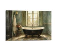 Vintage Clawfoot Baignoire rustique Vert Affiche d'intérieur de salle de | Scène de salle de bain peinte au soleil avec baignoire en forme de griffe, applique en laiton, fleurs et murs verts vieillis