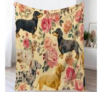 Vintage Fleur Plaid Couverture Flanelle Doux et Chaud 200x220 cm, Jaune | Jeté de Canapé Lavable, Toutes Saisons, Animal Mignon Teckel Polaire Couverture Léger Moelleux pour Lit, Cadeau