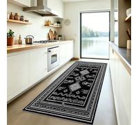 Vintage Géométrique Tapis de Couloir Lavable en Machine, Traditionnel Losanges Runes Tapis Poil Ras, Noir Moquette Antidérapant Doux pour Entrée Cuisine Chambre Salon, 60x180 cm