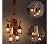 Vintage Industrielle Lustres bois rustique Lumière pendante Métal et verre Creative E27 Supports de lampe table à manger Lampe Suspension réglable en hauteur 4 flammes noir Plafonnier pour barre
