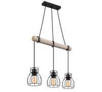 Vintage LED Suspension Lampe à suspendre en bois Lampe de table à manger Lampe à suspendre rétro avec poutres en bois, métal noir, 3 x E27 LED blanc chaud, LxlxH 50x14x140 cm