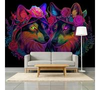 Violet Foncé Papier Peint Panoramique 450L x 315H cm, Art Fantastique Animal Loup Rose Forêt Fresque Murale Papier Peint - Violet Murale Poster Tableaux pour Salon Chambre à Coucher Salle de Jeu