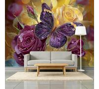 Violet Prune Papier Peint Panoramique 450L x 315H cm, Classique Botanique Floral Rose Papillon Affiche Fresque Murale, Violet Papier Peint 3D Mural pour Salon Chambre d'enfants Salle de Jeu Murale