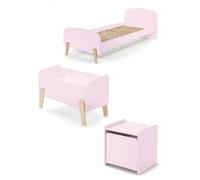 Vipack Kiddy Set composé d'un lit simple 90x200 cm, avec sommier à lattes, console de nuit et caisse de jeux, finition MDF laqué rose