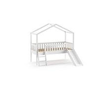 Vipack lit de maison Dallas avec échelle et toboggan, surface de couchage 90 x 200 cm, sommier à lattes à roulettes inclus, finition pin laqué blanc