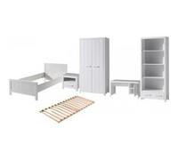 Vipack Erik Lit Simple + Sommier + Chevet + Armoire 2 Portes + Bureau + Bibliothque Blanc