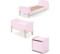 Vipack KIDDY Rose Lit simple en bois laqué et brut et sommier + Chevet 1 porte + Coffre à jouets Rose G