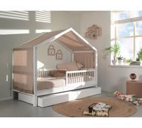 VIPACK - Lit d'appoint avec ciel en textile, LF 90 x 200 cm incl. sommier à lattes, protection anti-chute incluse, avec tiroir de lit, finition hêtre massif laqué blanc
