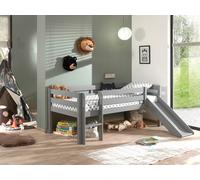 VIPACK Lit de jeu à couchette avec surface de couchage 90 x 200 cm, échelle, toboggan et sommier à lattes à roulettes inclus, en pin massif laqué gris