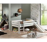 VIPACK Lit de jeu à couchette avec surface de couchage 90 x 200 cm, échelle, toboggan et sommier à lattes à roulettes inclus, en pin massif laqué blanc