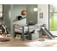 VIPACK Lit de jeu à couchette avec surface de couchage 90 x 200 cm, échelle, toboggan, sommier à lattes à roulettes et 2 tiroirs inclus, en pin et MDF laqué gris