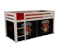 Vipack Lit de jeu Pino avec set textile "Pirates" - Pin massif laqué blanc, Dimension : 210 cm x 114 cm x 106 cm ; PICOHSZG1477