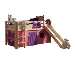 Vipack Lit de jeu Pino avec toboggan et set textile "Bella" - Pin massif laqué naturel, Dimension : 210 cm x 114 cm x 218 cm ; PICOHSGB1074