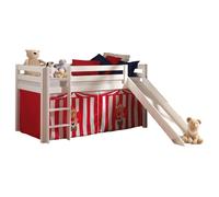 Vipack Lit de jeu Pino avec toboggan et set textile "Cirque" - Pin massif laqué blanc, Dimension : 210 cm x 114 cm x 218 cm ; PICOHSGB1472