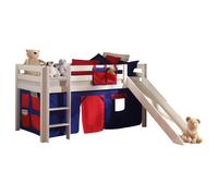 Vipack Lit de jeu Pino avec toboggan et set textile "Domino" - Pin massif laqué blanc, Dimension : 210 cm x 114 cm x 218 cm ; PICOHSGB1475