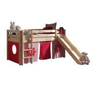 Vipack Lit de jeu Pino avec toboggan et set textile "Pink Flower" - Pin massif laqué naturel, Dimensions : 210 cm x 114 cm x 218 cm ; PICOHSGB1073