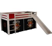 Vipack Lit de jeu Pino avec toboggan et set textile "Pirates" - Pin massif laqué blanc, Dimension : 210 cm x 114 cm x 218 cm ; PICOHSGB1477