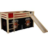Vipack Lit de jeu Pino avec toboggan et set textile "Pirates" - Pin massif laqué naturel, Dimension : 210 cm x 114 cm x 218 cm ; PICOHSGB1077