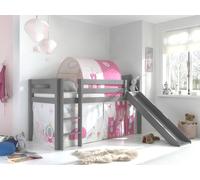 Vipack Lit surélevé Pino 90x200 cm Gris - Toboggan, sommier inclus, rideau et tunnel Princesse