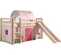 Vipack lit de jeu Pino incl. toboggan, surface de couchage 90x200 cm avec set textile rideau et tunnel "Spring