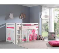 Vipack Lit de jeu Pino 90x200 cm en pin massif avec sommier blanc et rideau Princess
