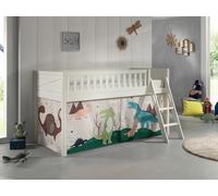 VIPACK - Lit de jeu SCOTT, LF 90 x 200 cm, avec sommier à lattes, échelle et set de textile "Dino", laqué blanc