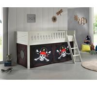 VIPACK - Lit de jeu SCOTT, LF 90 x 200 cm, avec sommier à lattes, échelle et set textile "Caribian Pirate", laqué blanc