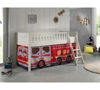 VIPACK - Lit de jeu SCOTT, LF 90 x 200 cm, avec sommier à lattes, échelle et set textile "FIRE RESCUE", laqué blanc