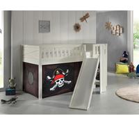 VIPACK - Lit de jeu SCOTT, LF 90 x 200 cm, avec sommier à lattes, toboggan, échelle et set textile "Caribian Pirate", laqué blanc