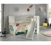 VIPACK - Lit de jeu SCOTT, LF 90 x 200 cm, avec sommier à lattes, toboggan, échelle et set textile "Dino", laqué blanc