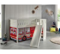 VIPACK - Lit de jeu SCOTT, LF 90 x 200 cm, avec sommier à lattes, toboggan, échelle et set textile "FIRE RESCUE", laqué blanc