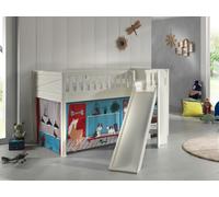 VIPACK - Lit de jeu SCOTT, LF 90 x 200 cm, avec sommier à lattes, toboggan, échelle et set textile "Pet Shop", laqué blanc