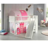 VIPACK - Lit de jeu SCOTT, LF 90 x 200 cm, avec sommier à lattes, toboggan, échelle et set textile rideau et tunnel "Princess