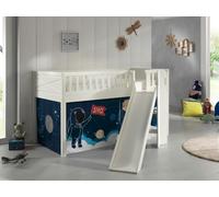 VIPACK - Lit de jeu SCOTT, LF 90 x 200 cm, avec sommier à lattes, toboggan, échelle et set textile "Space Shuttle", laqué blanc