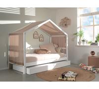 VIPACK - Lit de maison avec ciel en textile, LF 90 x 200 cm incl. sommier à lattes, avec tiroir de lit, finition hêtre massif laqué blanc