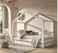 VIPACK - Lit de maison avec LF 90 x 200 cm, incl. sommier à lattes, avec tiroir de lit, finition hêtre massif laqué blanc