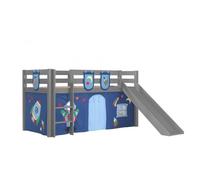 Vipack Lit Enfant Surélevé Avec Toboggan Pino 90x200cm Gris + Rideau de lit et 3 pochettes Space