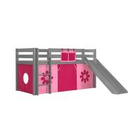 Vipack Lit Enfant Surlev Avec Toboggan Pino 90x200cm Gris + Rideau De Lit Pink Flower
