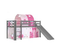 Vipack Lit Enfant Surlev Avec Toboggan Pino Gris + Rideau + Tunnel De Lit+ 3 Pochettes Princess