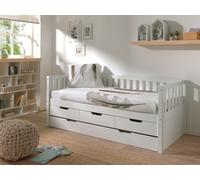 Vipack - Lit gigogne Fritz avec cadre à barreaux, 3 tiroirs et sommier à lattes, couchage 90 x 200, tiroir de lit inclus, finition blanc laqué