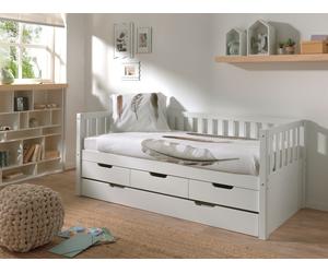 Vipack - Lit gigogne Fritz avec cadre à barreaux, 3 tiroirs et sommier à lattes, couchage 90 x 200, tiroir de lit inclus, finition blanc laqué