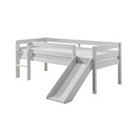 VIPACK Lit de jeu à couchette avec surface de couchage 90 x 200 cm, échelle, toboggan et sommier à lattes à roulettes inclus, en pin massif laqué blanc