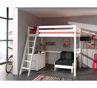 Vipack Pino Lit Mezzanine 140x200 + Commode 2 Portes + Lit Transformable En Fauteuil Blanc