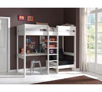 Vipack Lit surélevé Pino avec tablette écritoire et fauteuil-lit - Pin massif laqué blanc, Dimensions : 208 cm x 175 cm x 206 cm ; PIOLZB14