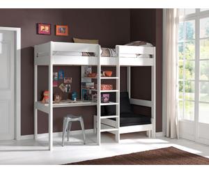 Vipack Lit surélevé Pino avec tablette écritoire et fauteuil-lit - Pin massif laqué blanc, Dimensions : 208 cm x 175 cm x 206 cm ; PIOLZB14