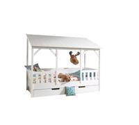 Vipack - Lit cabane Malia 90x200 cm avec tiroir et lit gigogne, corps laqué blanc, toit blanc