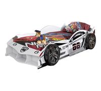 VIPACK - MAX lit voiture 90x200 cm, sommier à lattes inclus, finition MDF laqué blanc brillant avec motifs racing